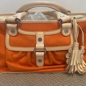 Vintage Celine Orange and Cream Handbag with Tassels